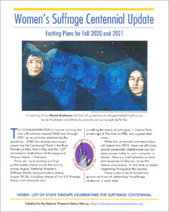 Women's Suffrage Centennial Update: The cover of the Women's Suffrage Centennial Update, with an image of Mount Rushmore with two women's faces projected next to the presidents, and some text below from the PDF (link on page)