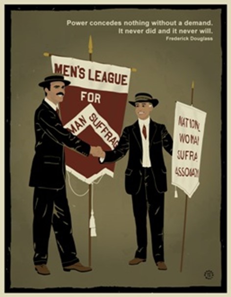 Illustration of two men in early 20th century clothing and hats shaking hands holding banners that read "Men's League for Woman Suffrage" and "National Woman Suffrage Association"