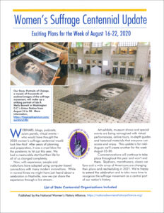 The cover of the Women's Suffrage Centennial Update, Exciting Plans for the Week of August 16-22, 2020, with an image of a photo of Ida B Wells-Barnett on the floor of Union Station in Washington, DC, and some text below from the PDF (link on page)